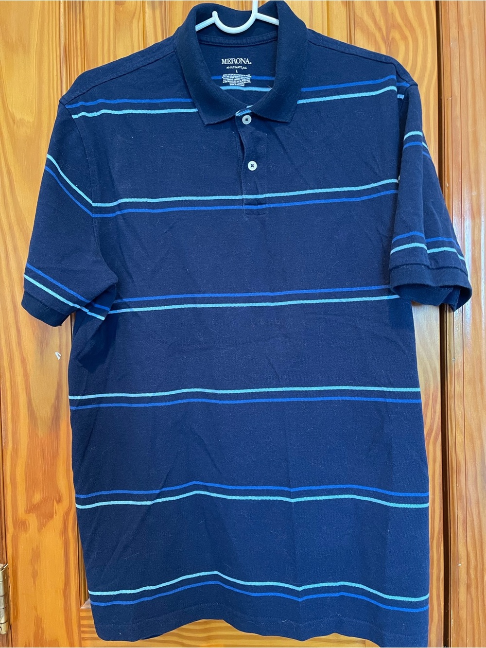 Merona Navy Polo with Light Blue Stripes